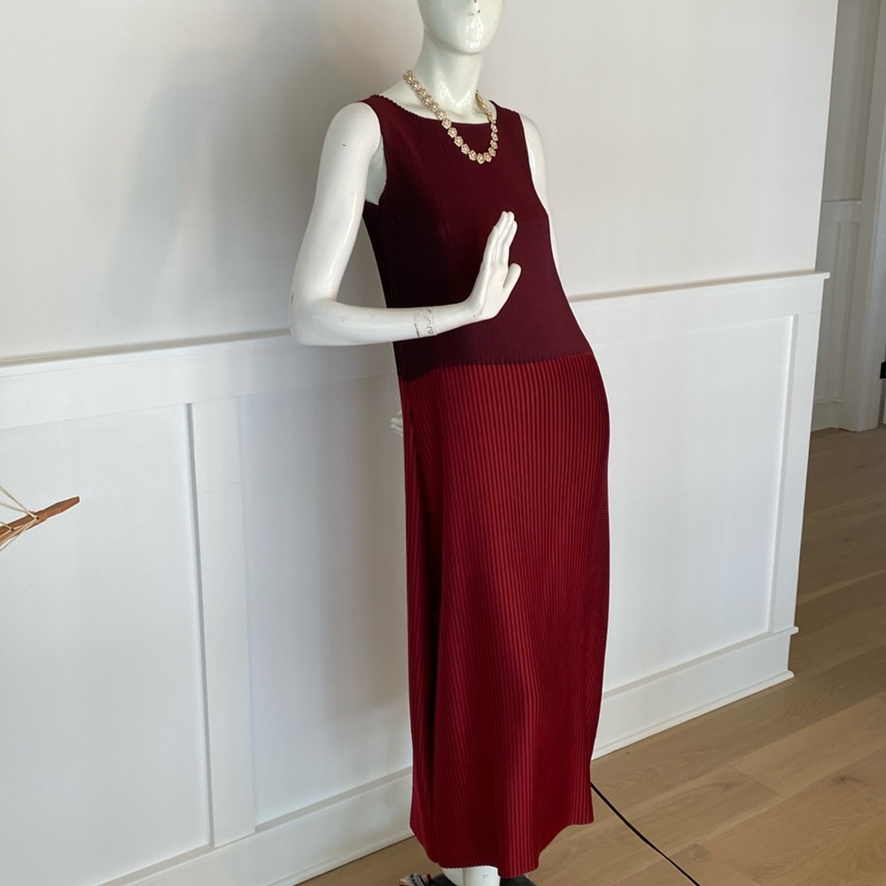 Issey Miyake stunning rare Pleats Please two tone burgundy maxi dress